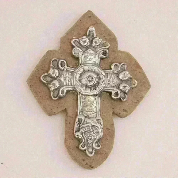Handmade Baroque-Inspired Pewter and Reclaimed Stone Wall Cross - Baroque Faith - Picture 3 of 3